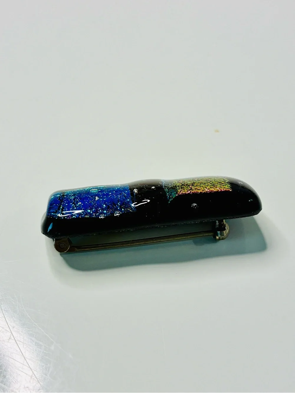 VTG Handmade Dichroic Glass Cabochon - Pink & Teal Rectangle Bar Brooch EUC